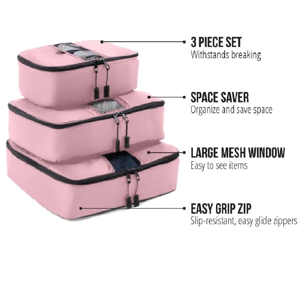 Travel Packing Organizers Luggage Packing Cubes Bag Storage 3-Pack Pink - Picture 2 of 10